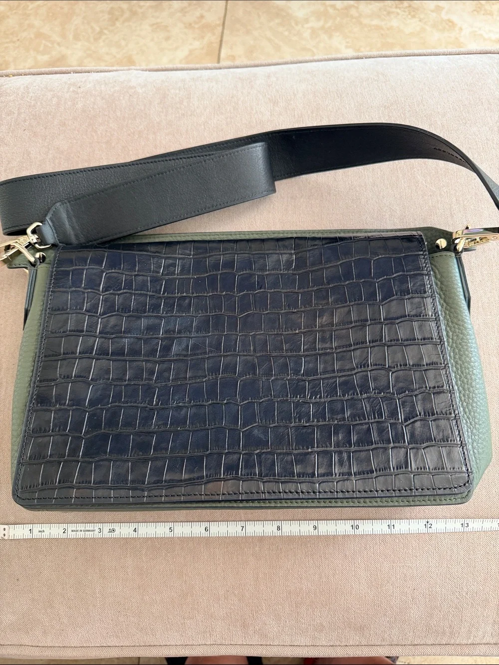 Leatherology Black & Olive Leather Crossbody Bag - Classic Croc-Embossed Front